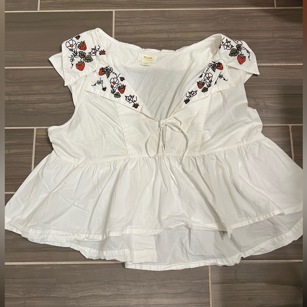 Maeve Anthropologie Babydoll Blouse Strawberry Embroidery
